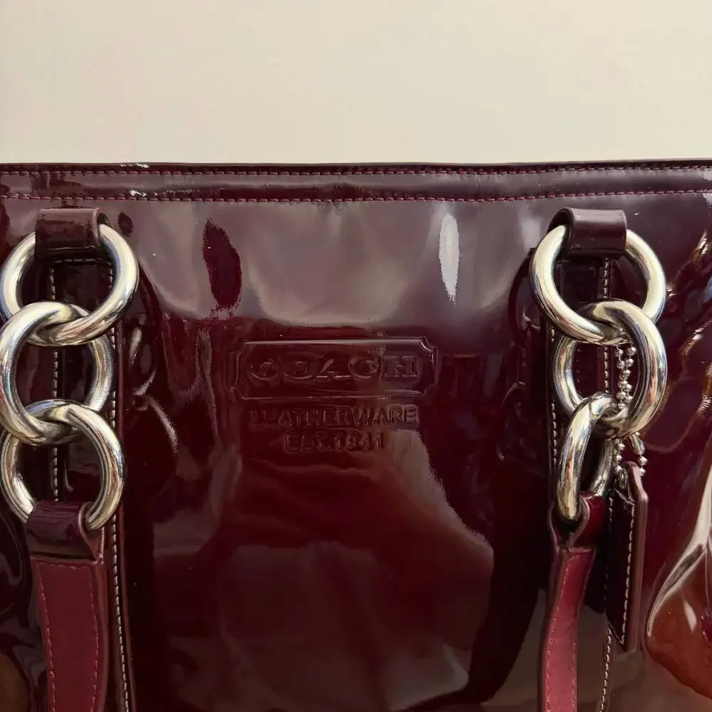 Coach Burgundy Patent Leather Tote Bag with Turnlock Pockets